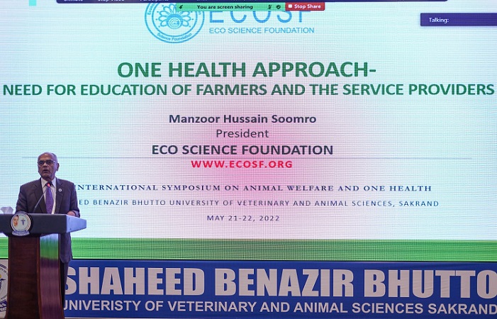 President ECOSF delivering presentation as an invited speaker in the International Symposium held at Shaheed Benazir Butto University of Veterinary and Animal Sciences Sakrand Sindh- Pakistan (May 21, 2022)